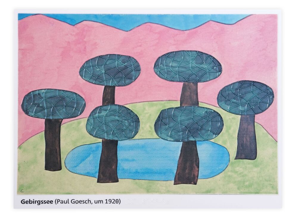 Gemälde "Gebirgssee" (Sechs Bäume in der Mitte ein See ringsherum eine Wiese, im Hintergrund Gebirge und Himmel)