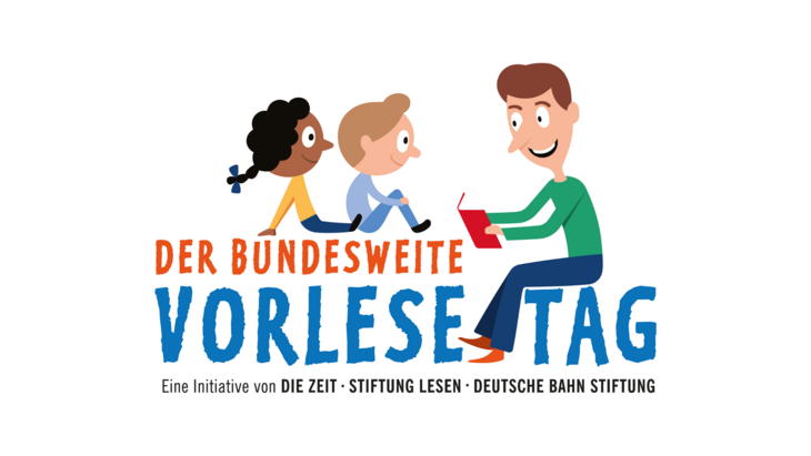 Auf der Schrift "Der bundesweite" sitzen ein Junge und ein Mädchen, auf der "Tag" von "Vorlesetag" sitzt ein Mann mit einem Buch in der Hand und liest.