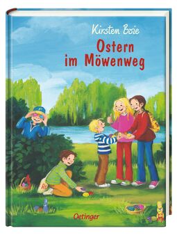 Cover "Ostern in Moewenweg" (Grafik: Kinder auf einer Wiese am See suchen Ostereier)